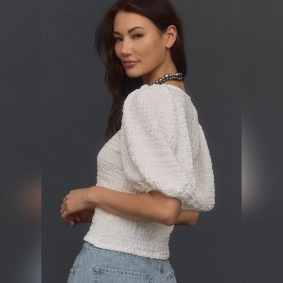 Anthropologie Tops - MAUVE x Anthropologie White Balloon-Sleeve Textured Top Cottagecore Resort